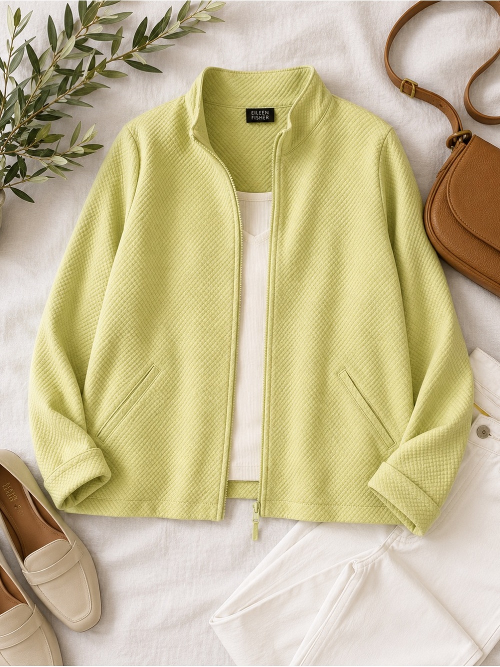 Eileen Fisher Light Lime Quilted Zip-Front Utility Jacket